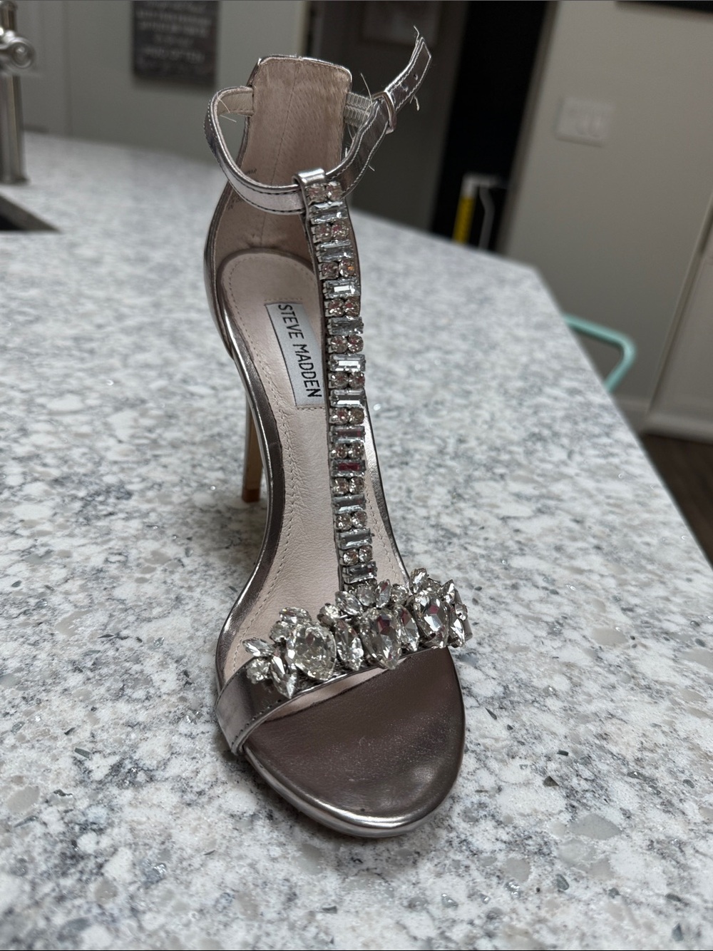 Steve Madden Silver Crystal T-Strap High Heels